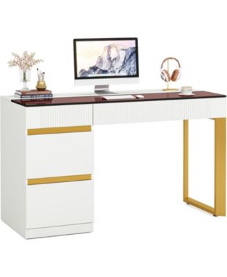 Компьютерный стол Tribesigns с 4 выдвижными ящиками, 47-дюймовый современный домашний офисный стол со стеклянной столешницей, Белое с золотом рабочее место для письма с местом для хранения, Туалетный столик для гостиной, спальни