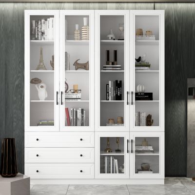 Книжный шкаф FAMAPY White на 10 полок со стеклянными дверцами и светодиодной подсветкой