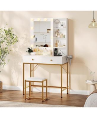 туалетный столик gaomon с зеркалом и подсветкой, Туалетный столик для макияжа с 2 большими выдвижными ящиками и 3 открытыми полками, 3 режима освещения, Регулируемая яркость, Спальня