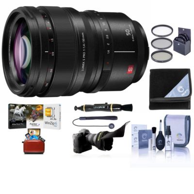 Объектив Panasonic LUMIX S PRO 50mm f/1.4 с L-образным креплением, Комплект с 77-миллиметровым фильтром, Гибкая шторка для объектива, Средство для чистки объективов, Обертка для объектива, Фиксатор крышки, Набор для чистки, черный