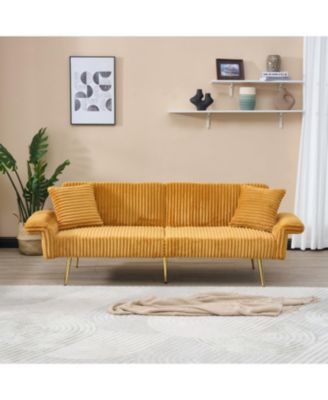 79-дюймовый вельветовый диван-кровать Streamdale Furniture, складной двуспальный диван-кровать с откидными подлокотниками, подходит для гостиных и небольших помещений желтого цвета.