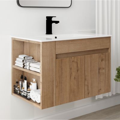 30-Дюймовый туалетный столик Streamdale Furniture с керамической раковиной и регулируемой открытой полкой коричнево-бежевого цвета