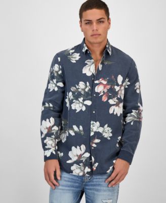 Мужская рубашка GUESS с цветочным принтом синего цвета