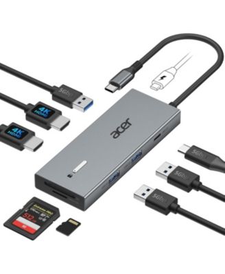 Док-станция Acer USB-C с двумя разъемами HDMI | Многопортовый адаптер для ноутбука 9-в-1 | 4K HDMI, порты USB A & C, SD / Micro SD, зарядка PD мощностью 100 Вт | Совместима с компьютерами Mac, Dell, HP, Surface и другими серыми