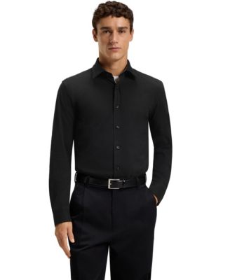 Мужская приталенная рубашка из стрейчевого хлопка BOSS by Hugo Boss черного цвета