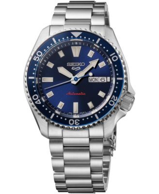 Мужские спортивные часы Seiko с 5 серебряными браслетами из нержавеющей стали, 42,5 мм синего цвета