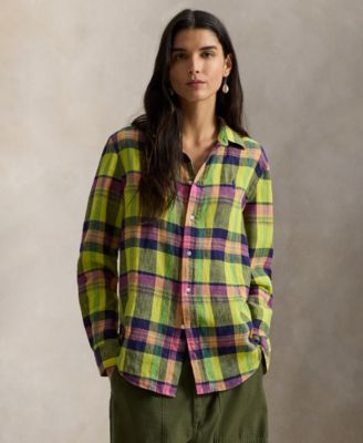 Женская рубашка Polo Ralph Lauren классического покроя в клетку с остроконечным воротником зеленого цвета