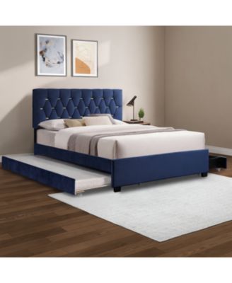 Двуспальная бархатная кровать Streamdale Furniture с ящиком и местом для хранения вещей - синий