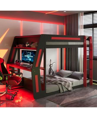Полноразмерная игровая двухъярусная кровать Streamdale Furniture с рабочим столом RGB, USB-портами, светодиодной лентой и кабельной прокладкой