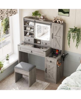 Фермерский туалетный столик Streamdale Furniture с выдвижным зеркалом, подсветкой, зарядкой
