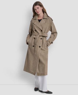 Женское двубортное джинсовое пальто DKNY с поясом коричнево-бежевого цвета