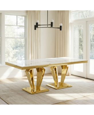 Обеденный стол Streamdale Furniture с мраморной столешницей из МДФ на 6 персон, Белый/Золотой, 66,9 " Основание из нержавеющей стали