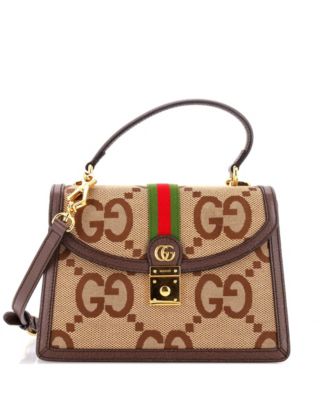 Бывшая в употреблении сумка Gucci Small Ophidia с клапаном и верхней ручкой Jumbo GG Canvas коричневого цвета