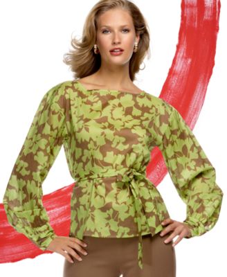 O Oscar Printed Boat-Neck Tie-Waist Blouse
