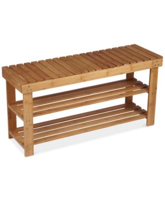 Предметы домашнего обихода Бамбуковая скамья с 2 полками, решетчатое сиденье с полками для хранения