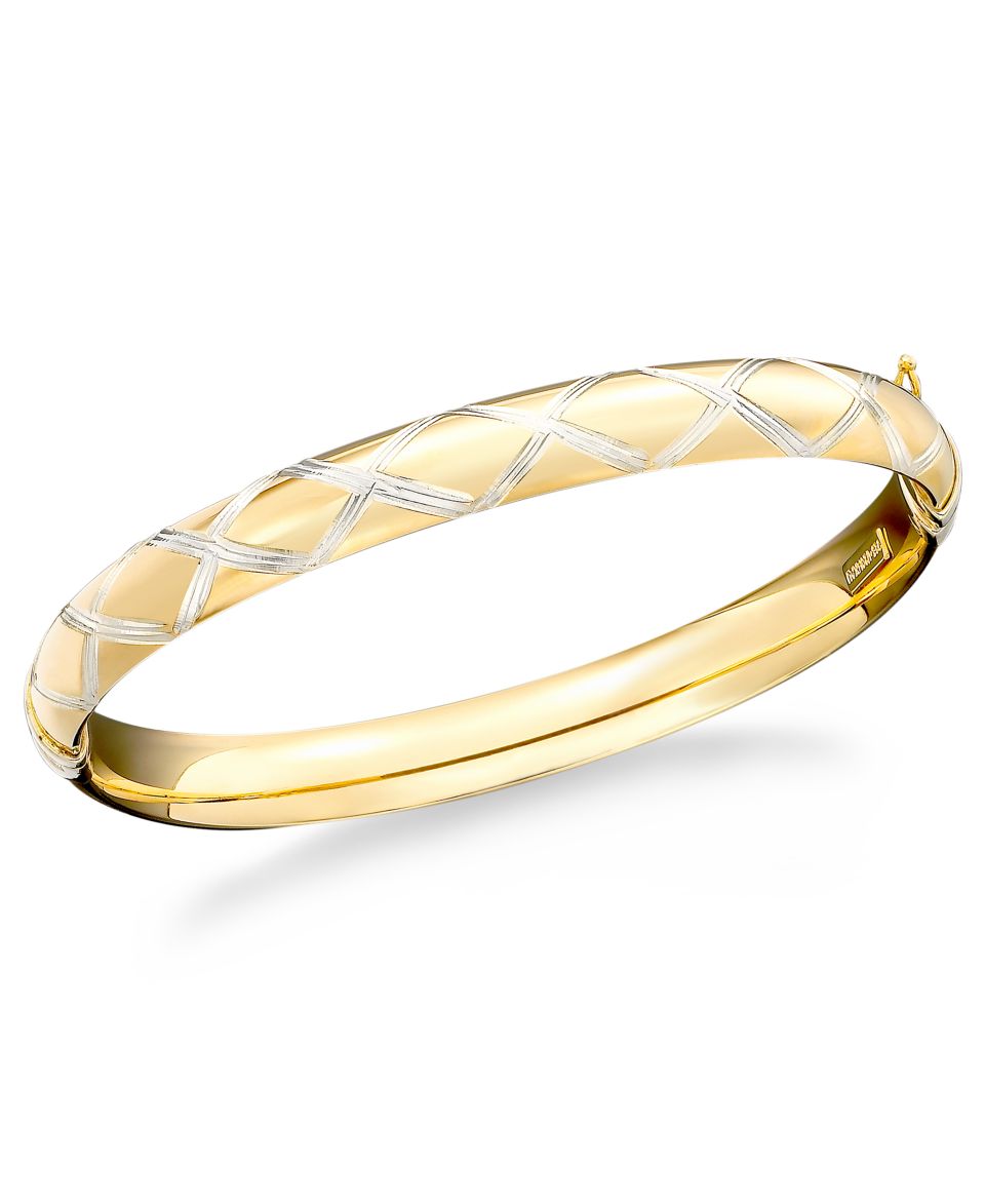 Bangle Bracelet, Sterling Silver and 14k Gold Diamond Cut