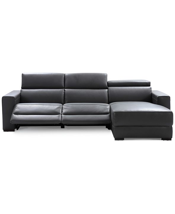 Furniture Nevio 115" 3pc Leather Sectional Sofa with Chaise, 2 Power