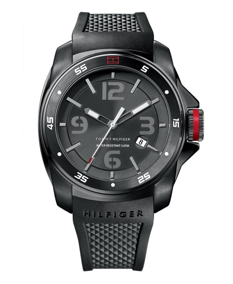 Tommy Hilfiger Watch, Mens Rubberized Black Leather Strap 1790775