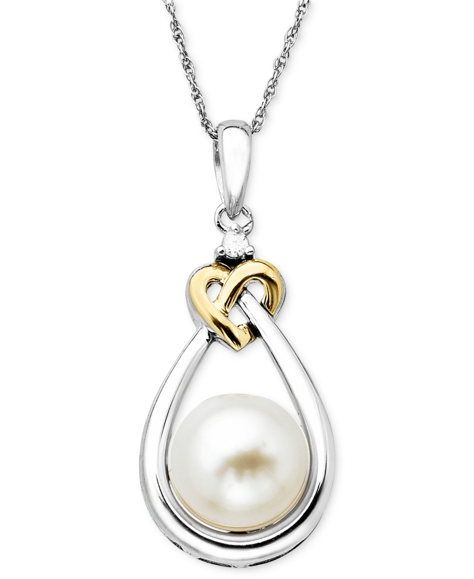 Pearl and Diamond Pendant, 14k Gold and Sterling Silver Cultured