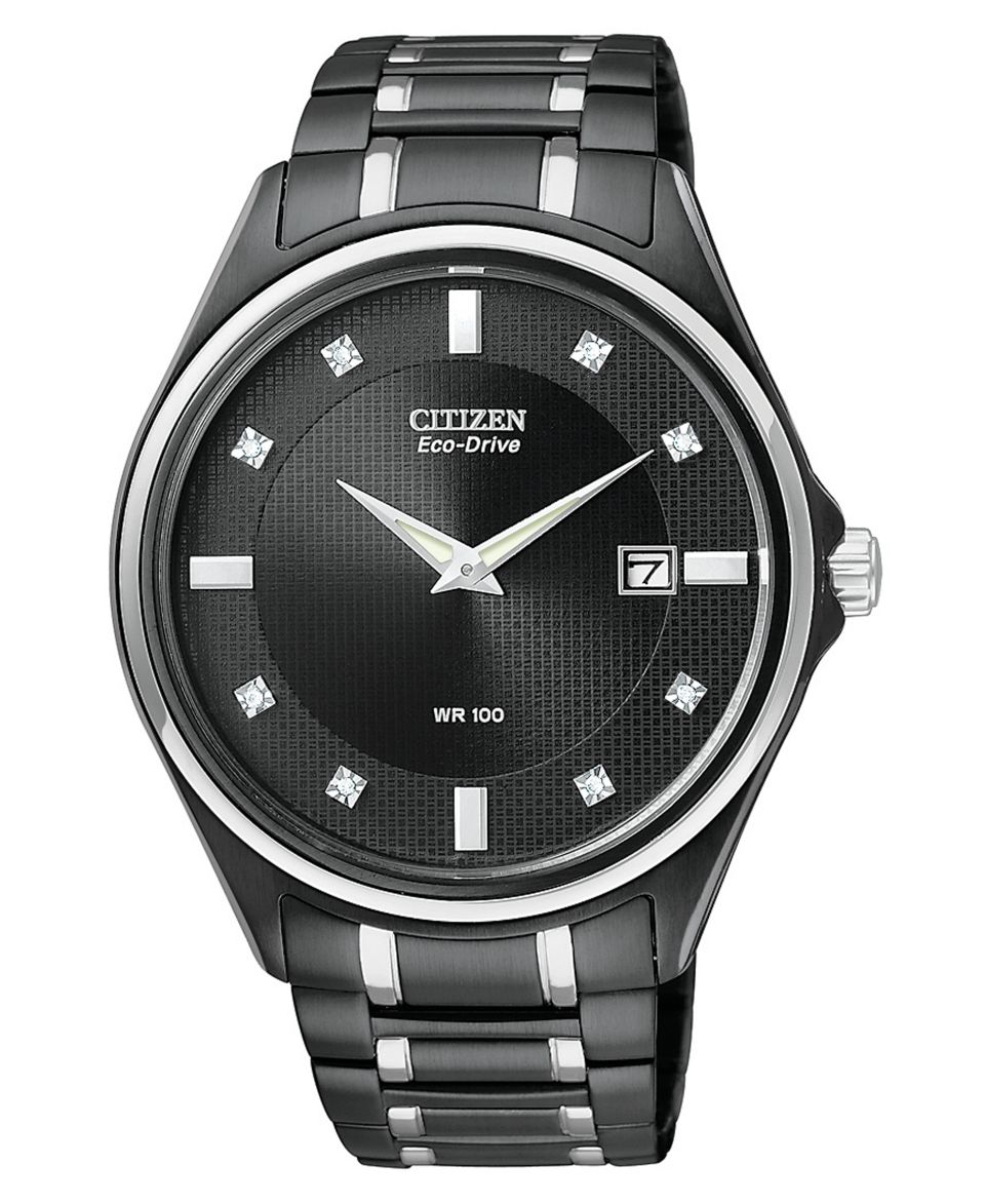Citizen Watch, Mens Eco Drive Diamond Accent Black Plated Stainless