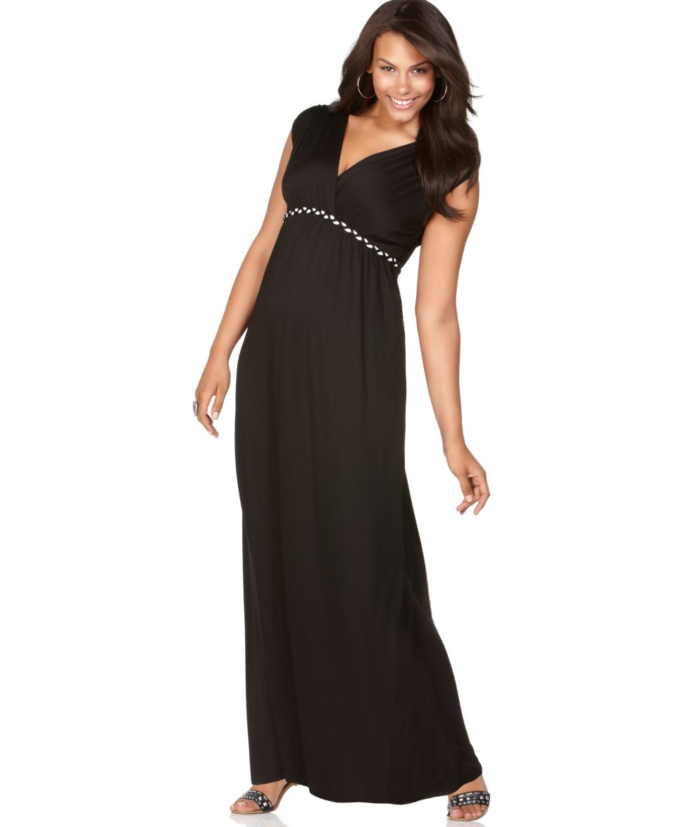 Soprano Plus Size Dress, Cap Sleeve Braided Trim Empire Maxi