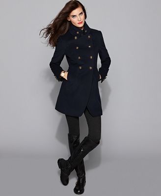 DKNY Petite Coat, Military Double-Breasted Wool-Blend - Coats - Women ...