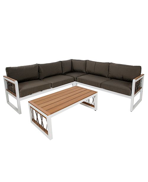Walker Edison 4 Piece Wood And Metal Outdoor Patio Sectional With Cord Accents White Teak Wood Reviews Home Macy S