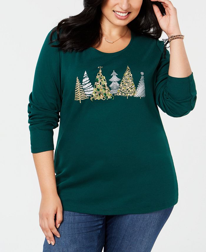 Karen Scott Plus Size Cotton Holiday-Tree Print Top, Created for Macy's ...