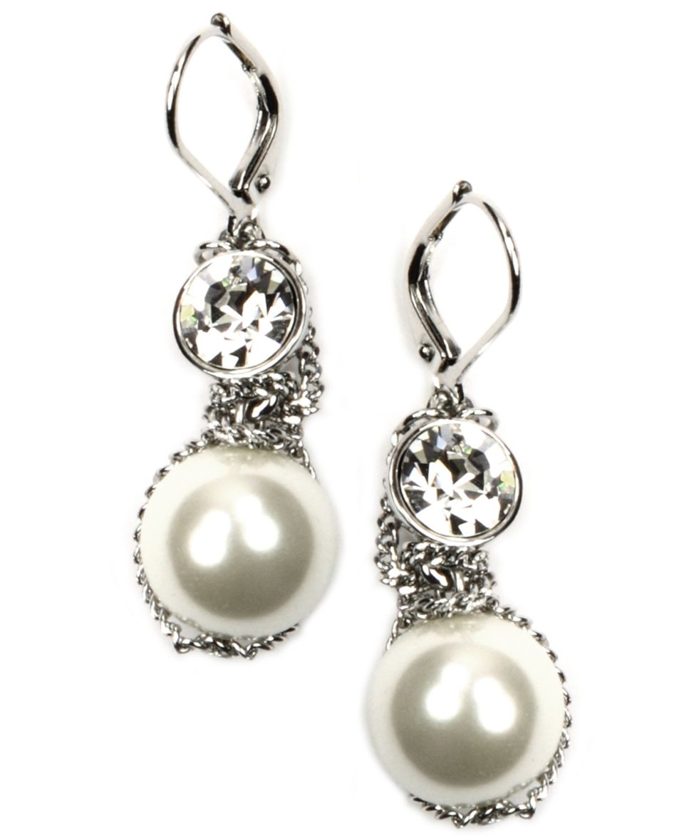 Givenchy Earrings, Silver Tone Small Glass Pearl and Crystal Earrings