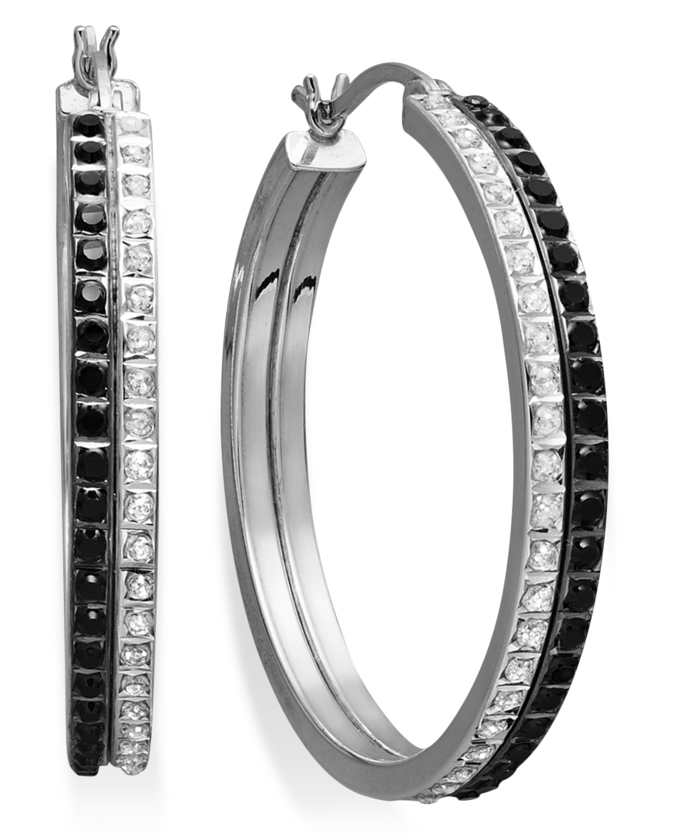 Sterling Silver Earrings, Black and White Diamond Accent Double Row