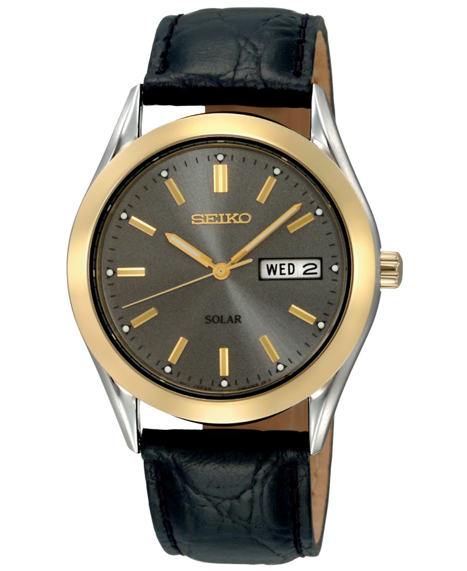 Seiko Watch, Mens Solar Charcoal Black Leather Strap 37mm SNE050