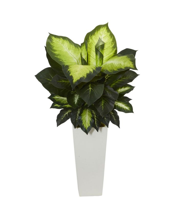 Nearly Natural Golden Dieffenbachia Artificial Plant in White Tower Planter & Reviews - Home - Macy's