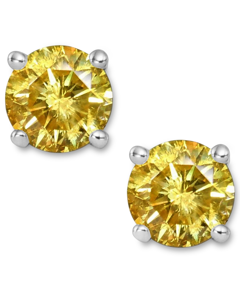 14k White Gold Earrings, Treated Yellow Diamond Stud Earrings (1 1/2