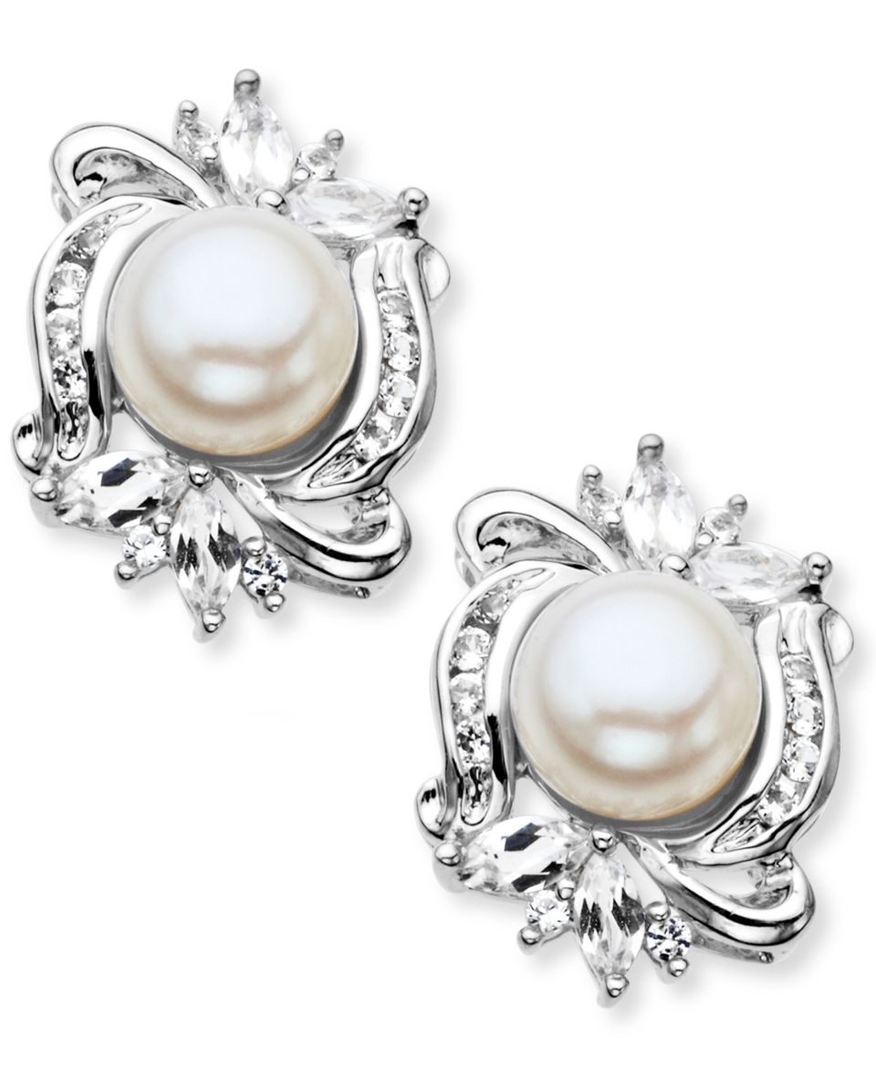 Sterling Silver Earrings, Cultured Freshwater Pearl (7mm) and White