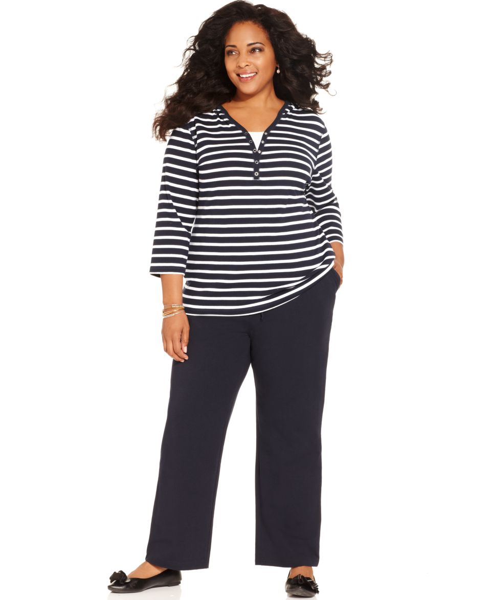 Karen Scott Plus Size Three Quarter Sleeve Striped Hoodie & Pull On