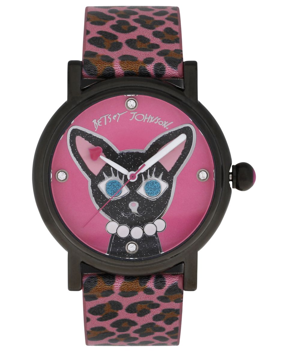 Betsey Johnson Watch, Womens Pink Leopard Printed Polyurethane Strap