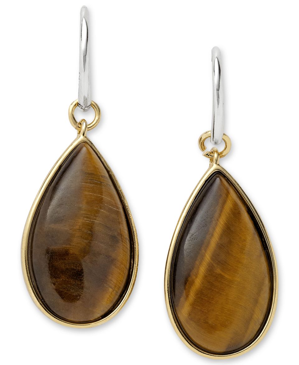 Fossil Earrings, Gold tone Tigers Eye Teardrop Earrings