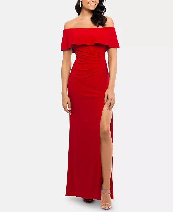 Petite Ruffled Off-The-Shoulder Gown