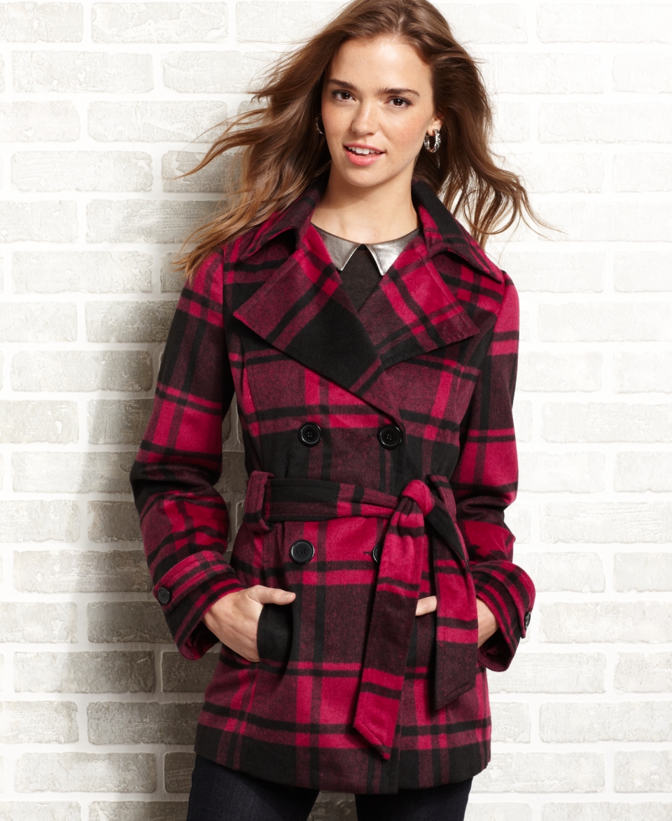 Jou Jou Juniors Coat, Plaid Print Wool Blend Trench