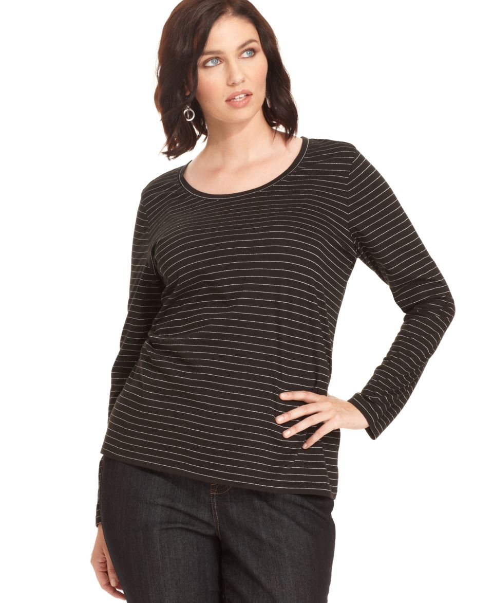 Charter Club Plus Size Top, Long Sleeve Metallic Striped