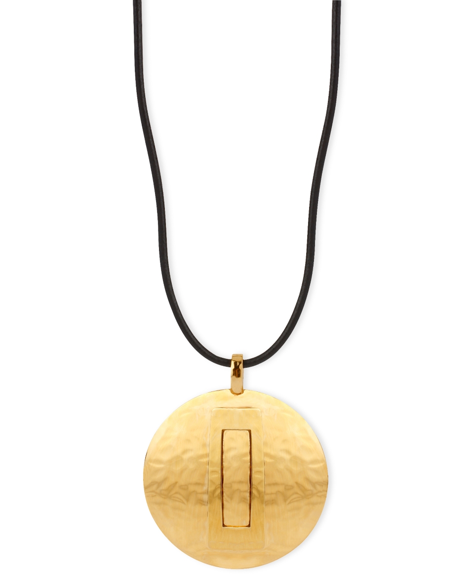 Robert Lee Morris Necklace, Gold Tone Leather Hammered Circle Pendant