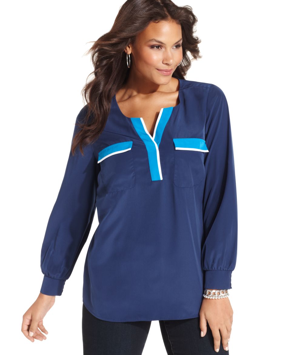 DKNYC Plus Size Blouse, Long Sleeve V Neck   Plus Size Tops   Plus