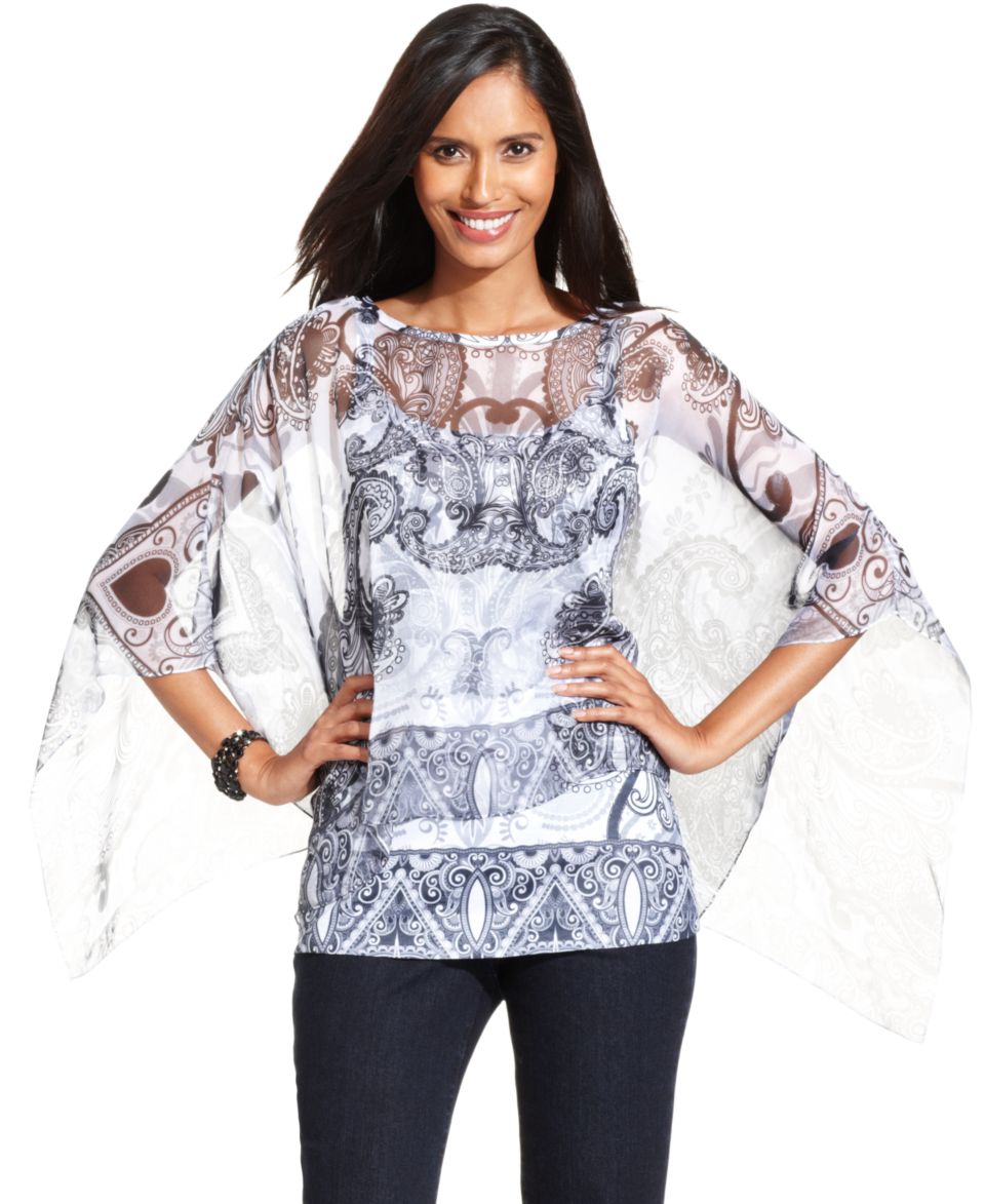 Cha Cha Vente Blouse, Batwing Sleeve Printed Sheer