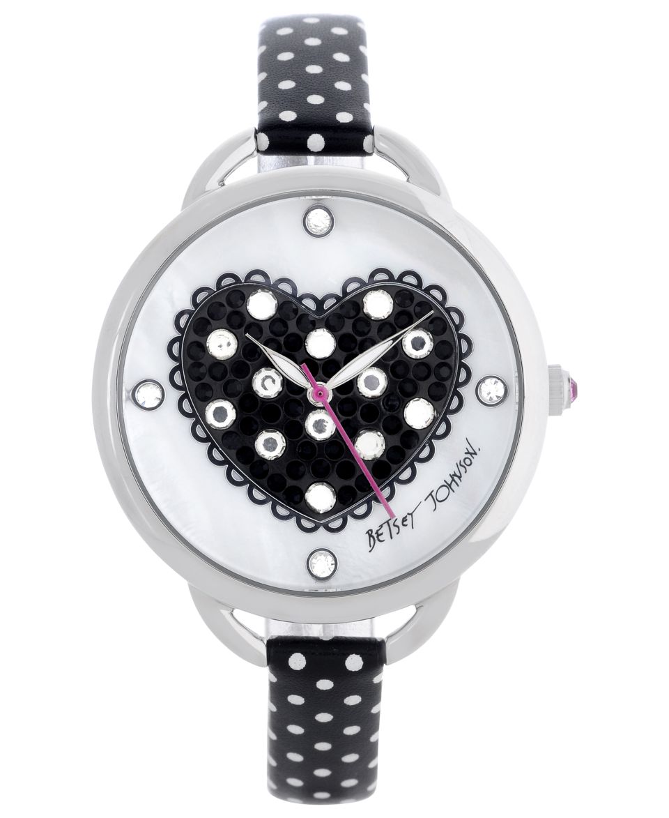 Betsey Johnson Watch, Womens White Polka Dot Black Leather Strap 39mm