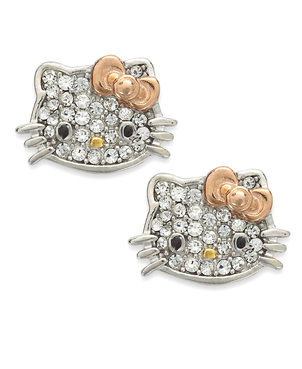 Hello Kitty Sterling Silver Earrings, Pave Crystal Face Stud Earrings