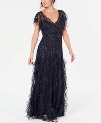 adrianna papell sequin beaded gown with flutter sleeves