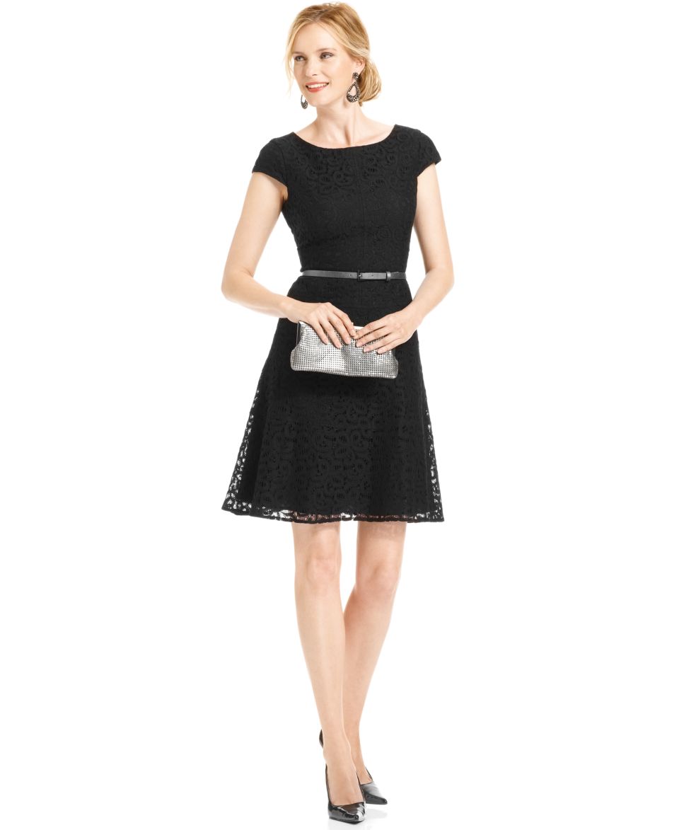 Anne Klein Dress, Cap Sleeve Belted Lace A Line