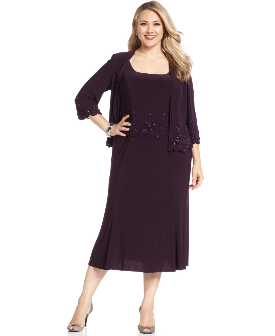 Alex Evenings Plus Size Dress and Jacket, Three Quarter Sleeve Beaded