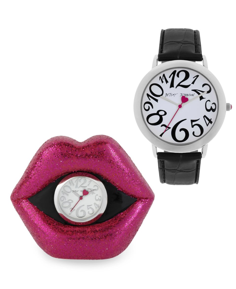 Betsey Johnson Watch and Clock Set, Womens Black Patent Leather Strap