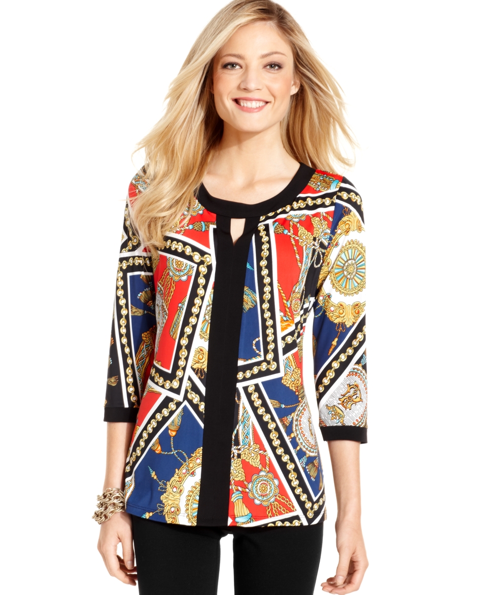 Elementz Petite Top, Three Quarter Sleeve Status Print Keyhole Tunic